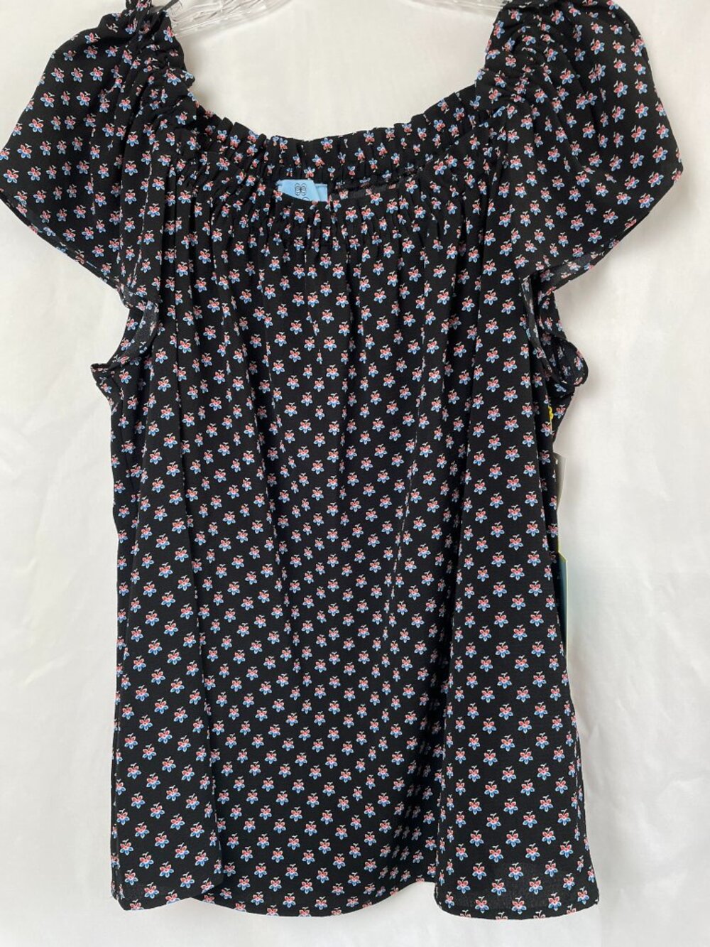 CeCe Women's Black Ruffled Square-Neckline Red Blue Floral Blouse 1X